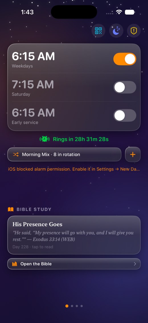 Alarm list at night with weekday, Saturday, and early-service alarms
