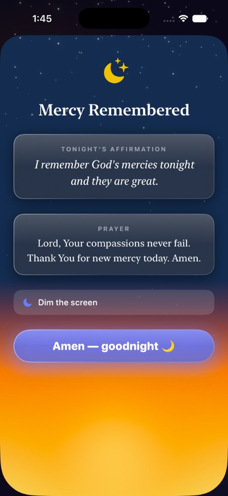 Evening devotional screen titled Mercy Remembered with a bedtime prayer