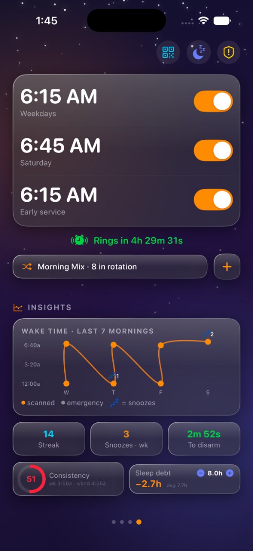 Insights screen with a wake-time graph, streak, snoozes, consistency score, and sleep debt